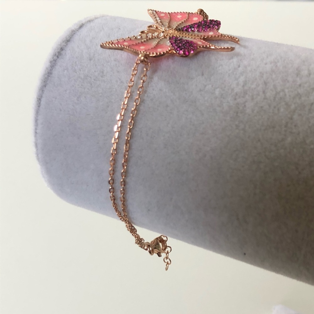 Bracelet handmade 925 silver pink butterfly enamel - Picture 2 of 3